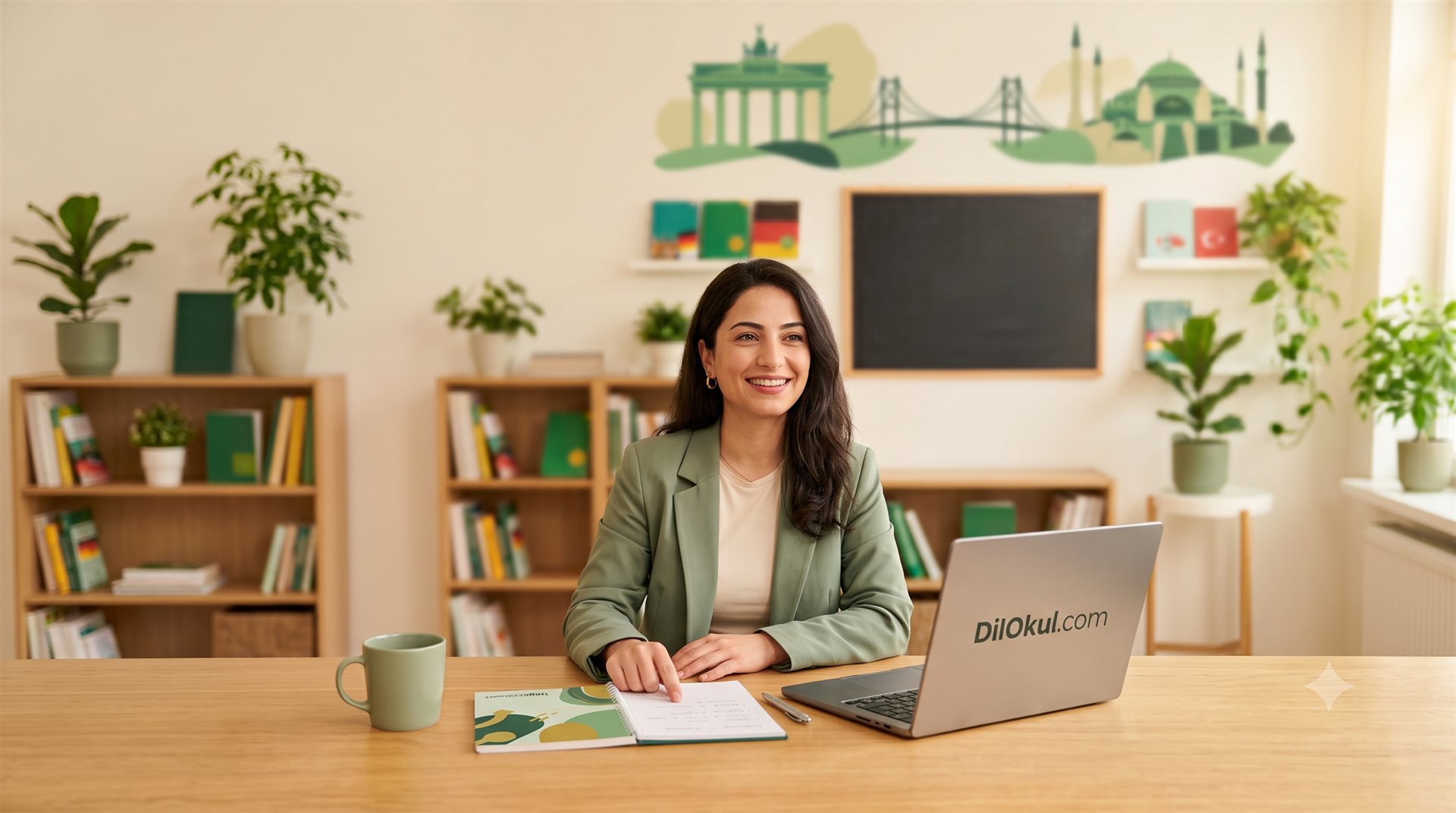Gülümseyen Almanca öğretmeni, laptop başında online ders veriyor